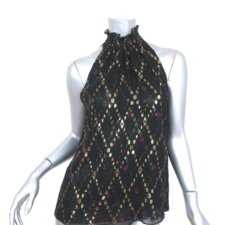 A.L.C. Smocked Neck Top Black Metallic Printed Silk Size 2 Sleeveless Blouse - Celebrity Owned