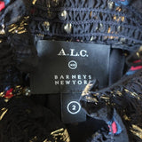 A.L.C. Smocked Neck Top Black Metallic Printed Silk Size 2 Sleeveless Blouse - Celebrity Owned
