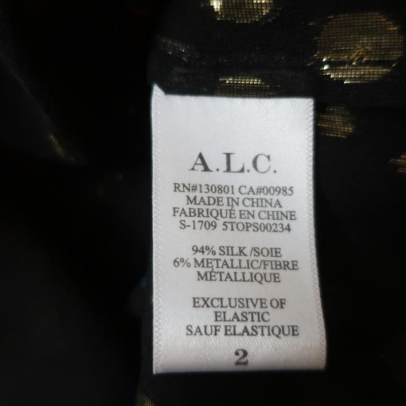 A.L.C. Smocked Neck Top Black Metallic Printed Silk Size 2 Sleeveless Blouse - Celebrity Owned