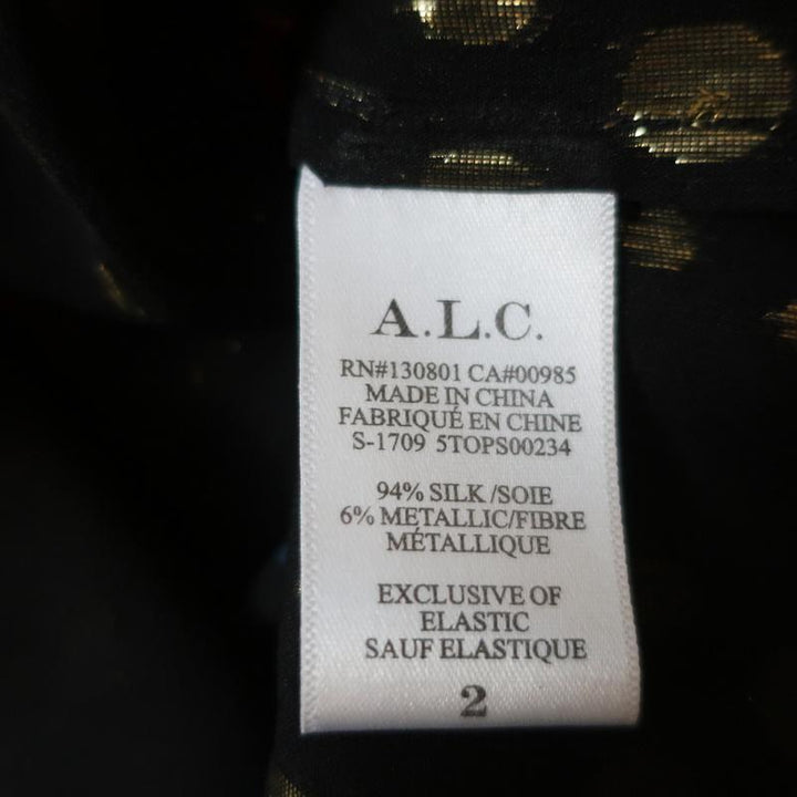 A.L.C. Smocked Neck Top Black Metallic Printed Silk Size 2 Sleeveless Blouse - Celebrity Owned