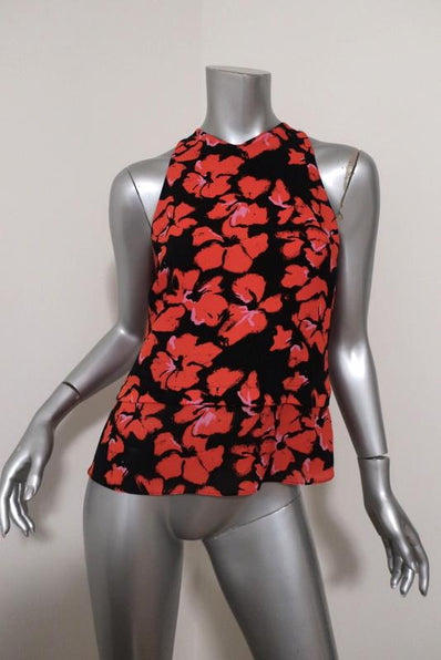 A.L.C. Top Black/Red Floral Print Silk Size 4 Sleeveless Zip-Back Tank - Celebrity Owned