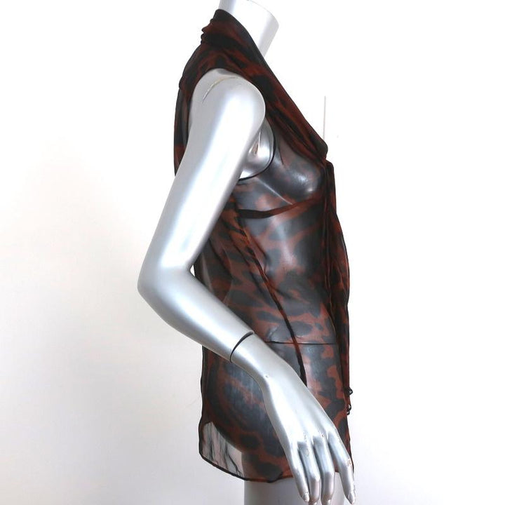 Alexander McQueen Tie-Neck Blouse Leopard Print Chiffon Size 40 Sleeveless Top - Celebrity Owned