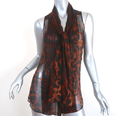 Alexander McQueen Tie-Neck Blouse Leopard Print Chiffon Size 40 Sleeveless Top - Celebrity Owned