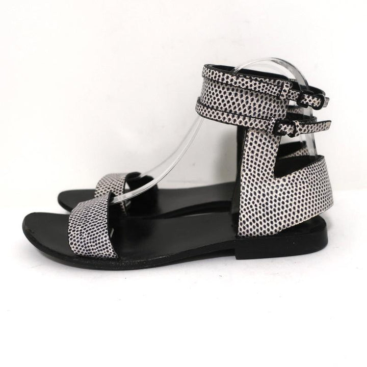 Alexander Wang Ankle Cuff Flat Sandals Alek White/Black Embossed Leather Size 37 - Celebrity Owned