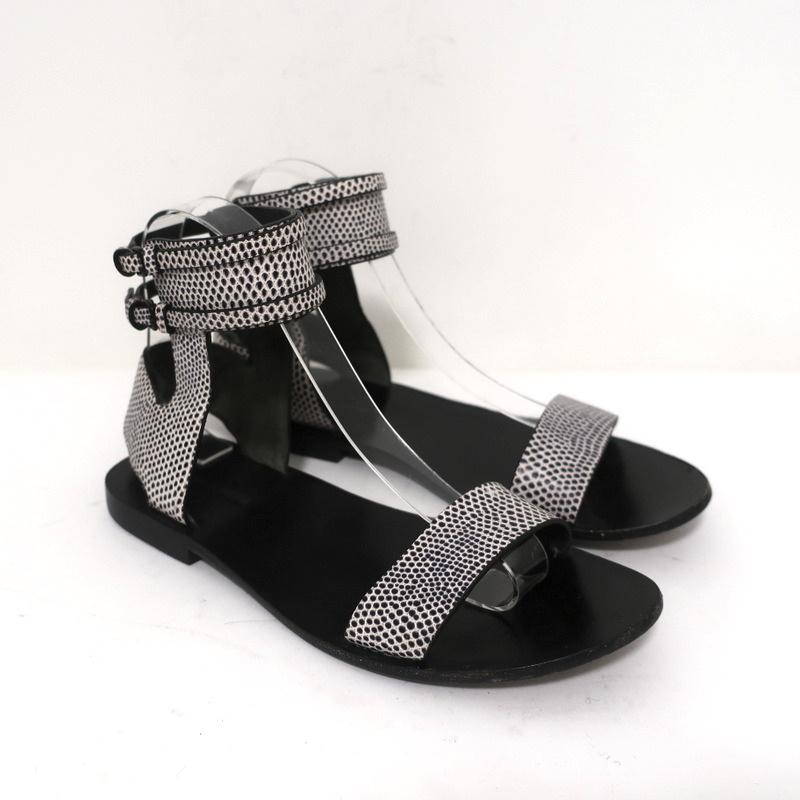 Alexander Wang Ankle Cuff Flat Sandals Alek White/Black Embossed Leather Size 37 - Celebrity Owned