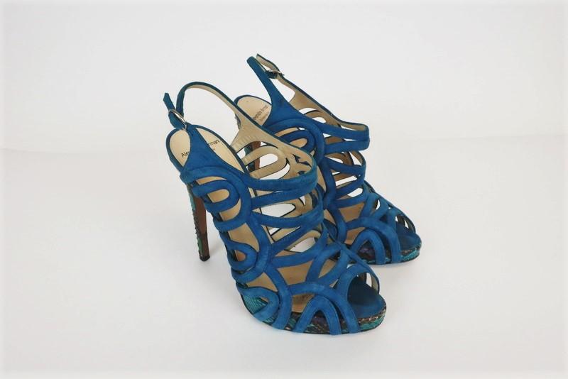 Alexandre Birman Cage Sandal Blue Suede & Python Size 37 Open Toe