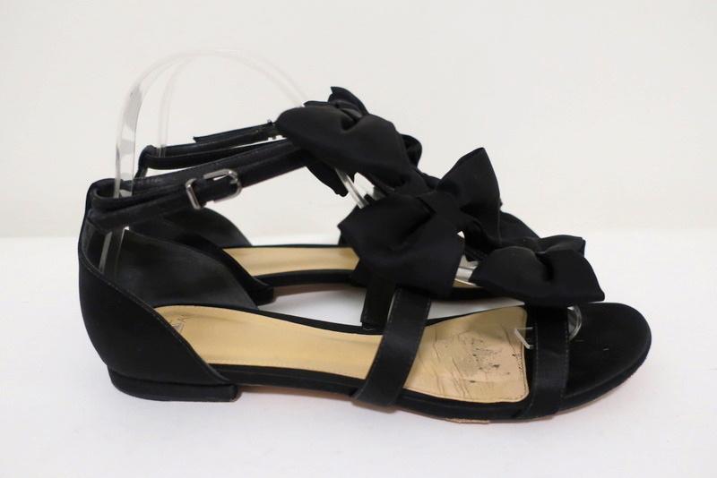 Alexandre Birman Cori Triple Bow Sandals Black Satin Size 39 Open Toe Flat - Celebrity Owned
