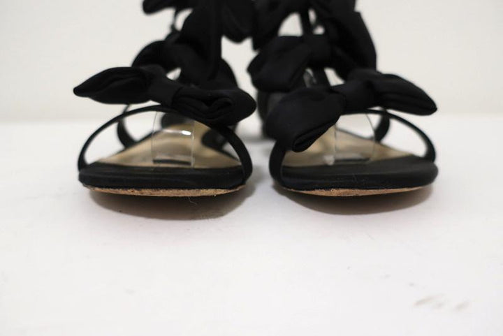 Alexandre Birman Cori Triple Bow Sandals Black Satin Size 39 Open Toe Flat - Celebrity Owned