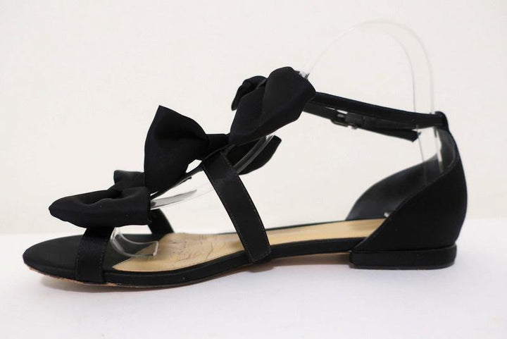 Alexandre Birman Cori Triple Bow Sandals Black Satin Size 39 Open Toe Flat - Celebrity Owned