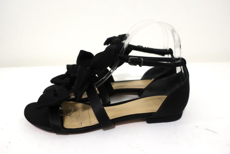 Alexandre Birman Cori Triple Bow Sandals Black Satin Size 39 Open Toe Flat - Celebrity Owned