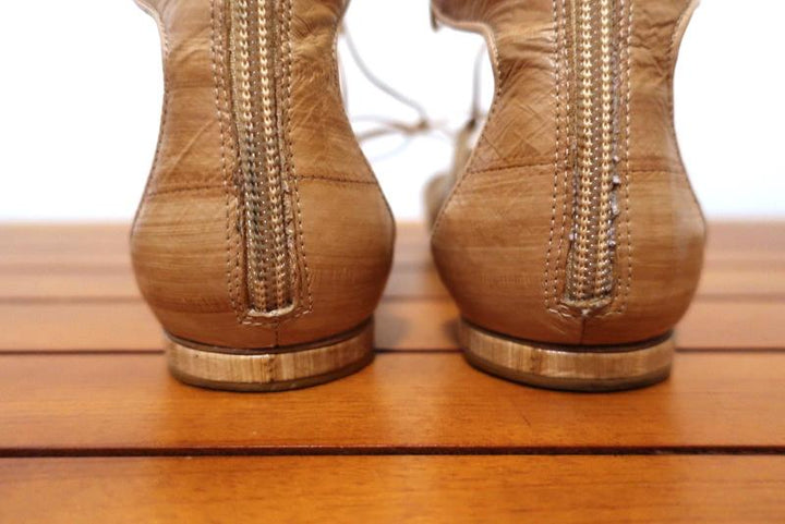 Alexandre Birman Gladiator Sandals Beige Eel Skin Size 38.5 Lace-Up Flat - Celebrity Owned