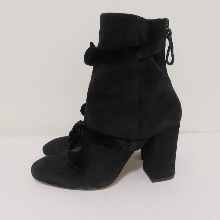 Alexandre Birman Lorraine Ankle Boots Black Suede with Velvet Bows Size 37.5 - Celebrity Owned