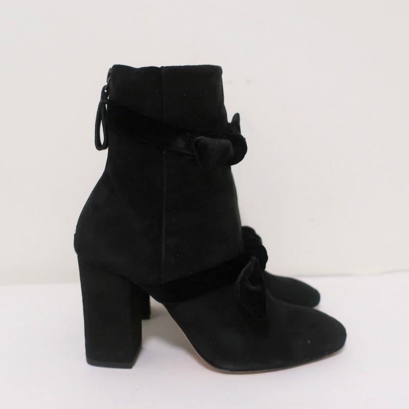 Alexandre Birman Lorraine Ankle Boots Black Suede with Velvet Bows Size 37.5 - Celebrity Owned