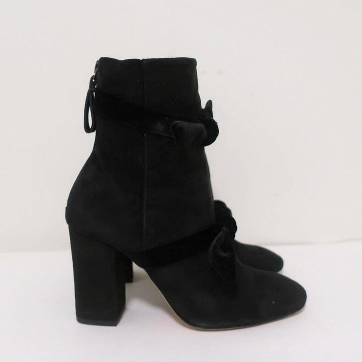 Alexandre Birman Lorraine Ankle Boots Black Suede with Velvet Bows Size 37.5 - Celebrity Owned