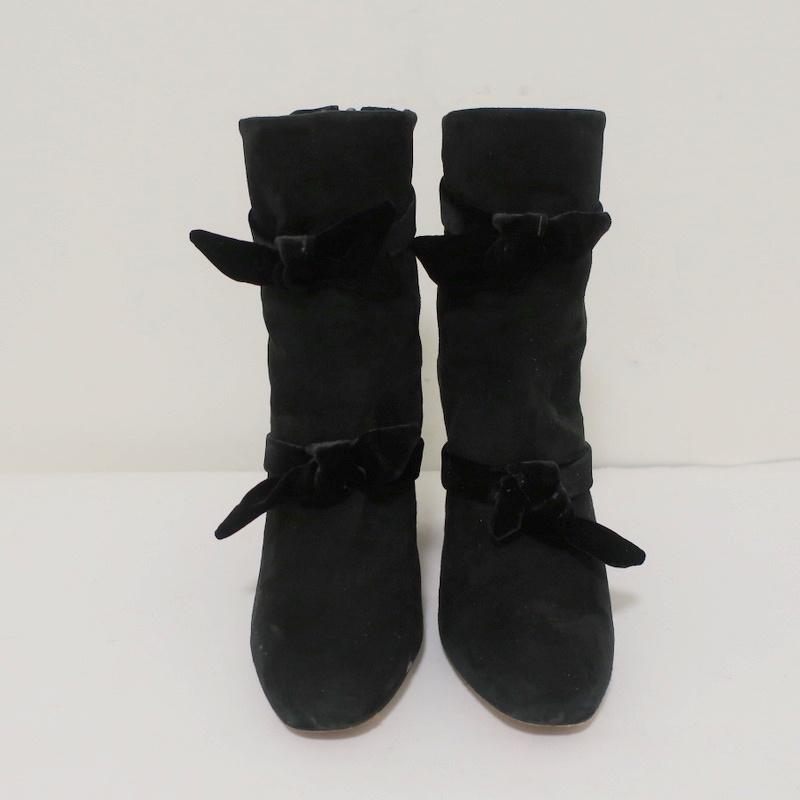 Alexandre Birman Lorraine Ankle Boots Black Suede with Velvet Bows Size 37.5 - Celebrity Owned