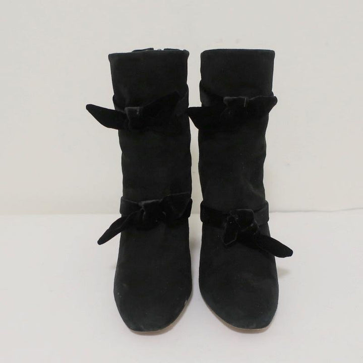 Alexandre Birman Lorraine Ankle Boots Black Suede with Velvet Bows Size 37.5 - Celebrity Owned