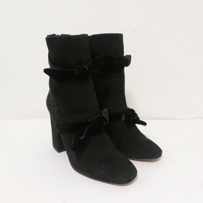 Alexandre Birman Lorraine Ankle Boots Black Suede with Velvet Bows Size 37.5 - Celebrity Owned