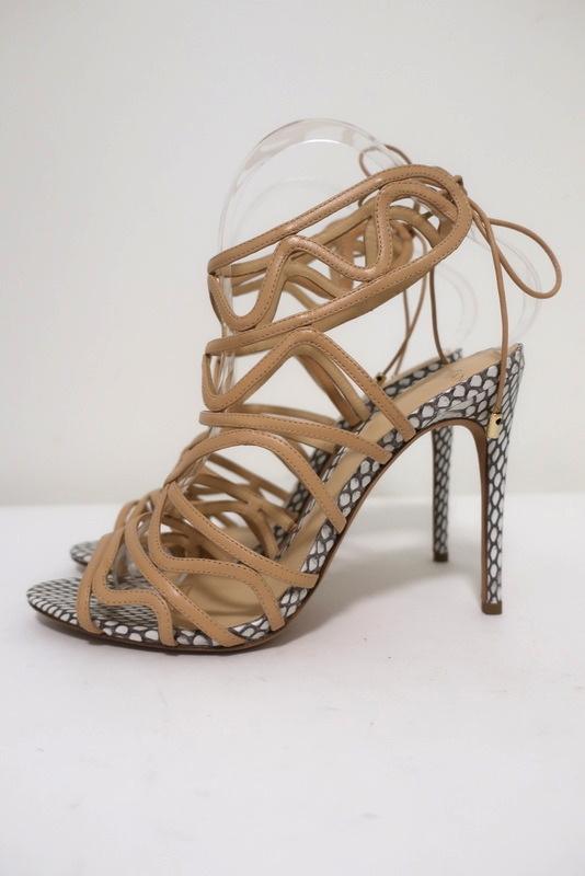 Alexandre Birman Melody Cage Sandals Nude Leather &amp; White Snakeskin Size 39 NEW - Celebrity Owned