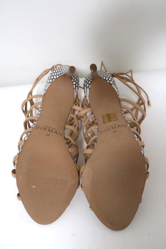 Alexandre Birman Melody Cage Sandals Nude Leather &amp; White Snakeskin Size 39 NEW - Celebrity Owned