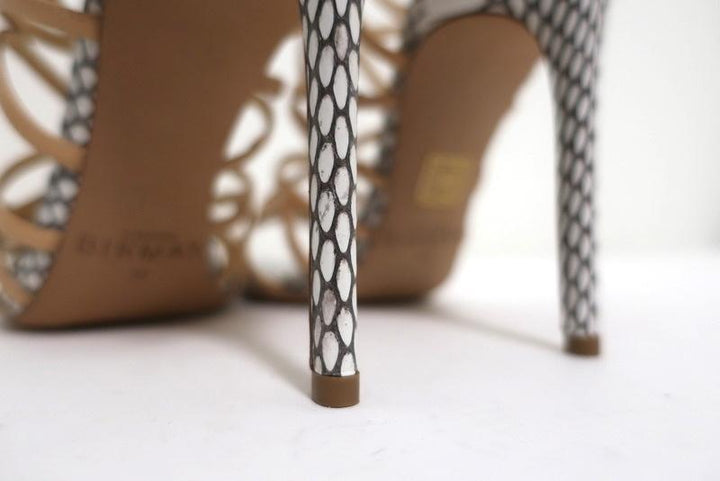 Alexandre Birman Melody Cage Sandals Nude Leather &amp; White Snakeskin Size 39 NEW - Celebrity Owned