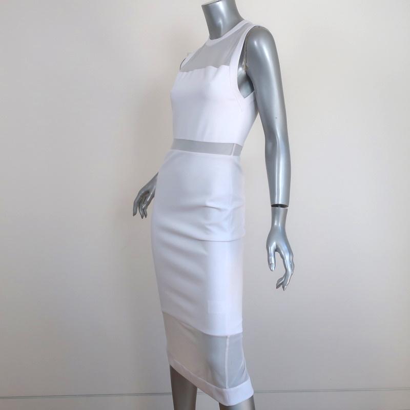 Alice + Olivia Dress Karman White Illusion Mesh &amp; Crepe Size 2 Sleeveless Midi - Celebrity Owned