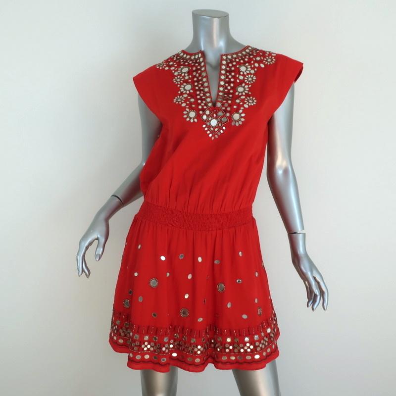 Alice + Olivia Mini Dress Pimmy Red Mirror-Embellished Beaded Cotton Size 6