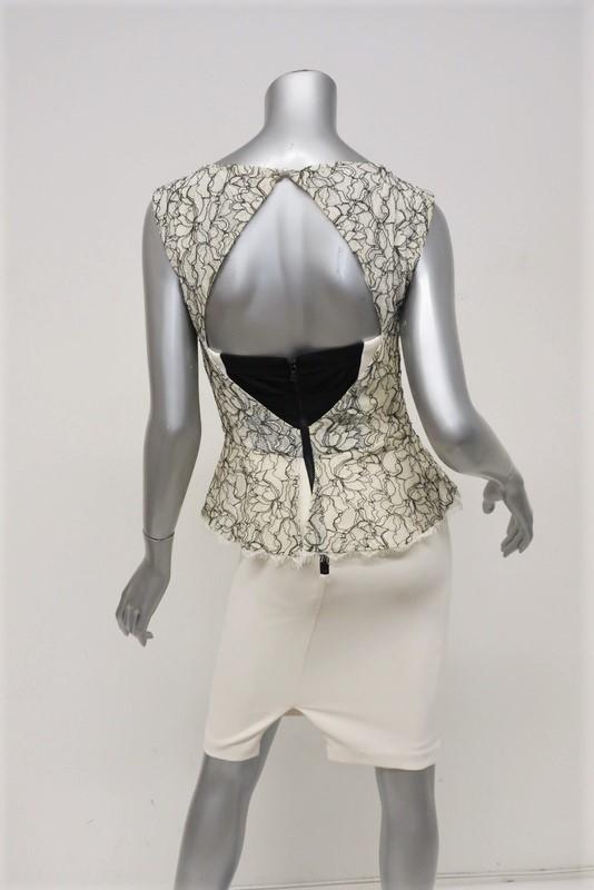Alice + Olivia Peplum Dress Shovan Ivory/Black Lace &amp; Crepe Open-Back Size 6 NEW - Celebrity Owned