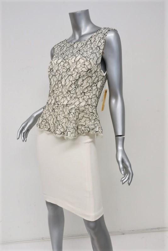 Alice + Olivia Peplum Dress Shovan Ivory/Black Lace &amp; Crepe Open-Back Size 6 NEW - Celebrity Owned