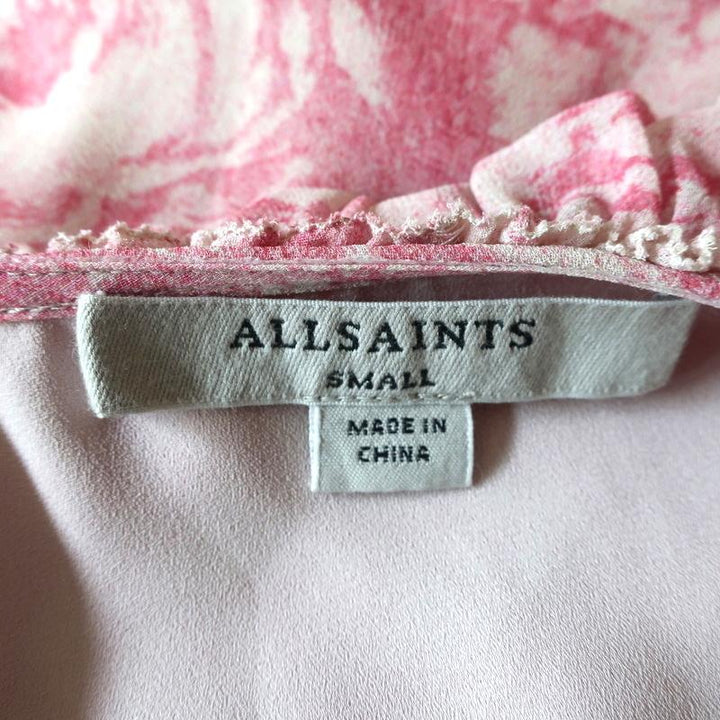 AllSaints Wrap Dress Priya Rosa Pink Printed Chiffon Size Small Sleeveless Mini - Celebrity Owned