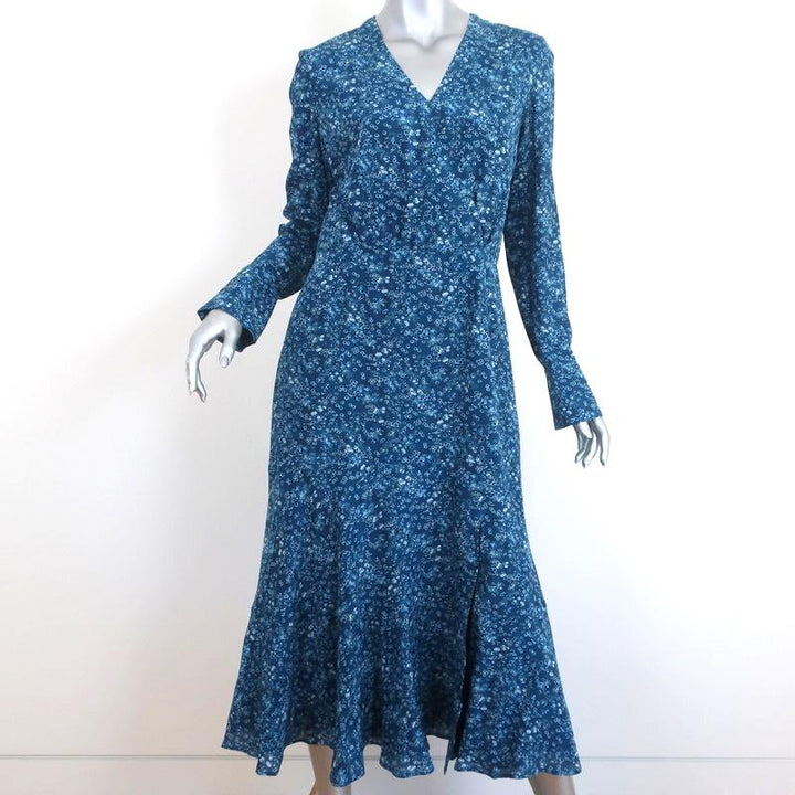 Altuzarra Midi Dress Martha Teal Printed Silk Size 42 Long Sleeve V-Neck NEW - Celebrity Owned