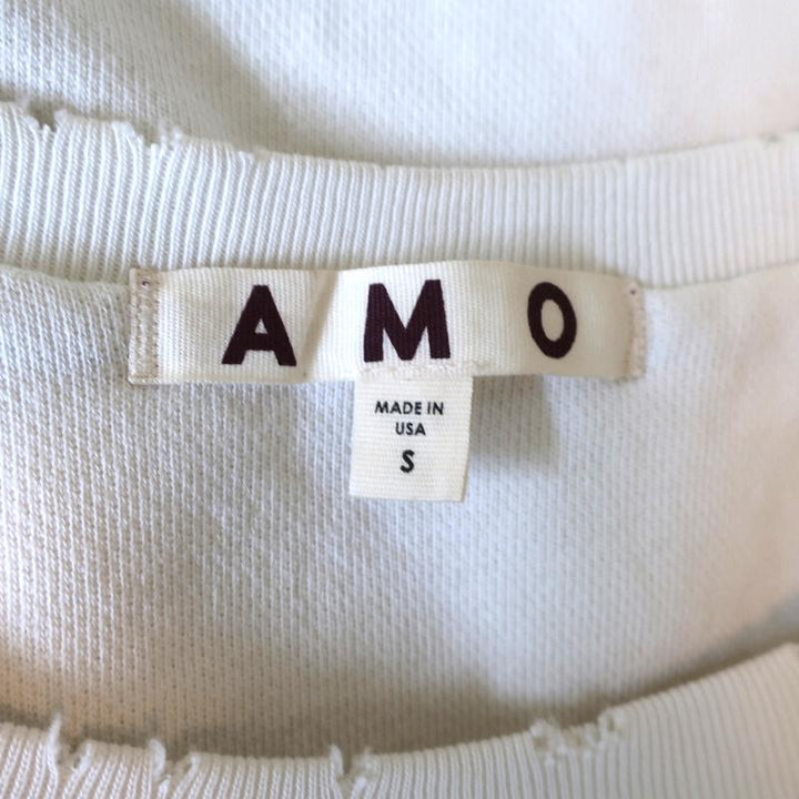 AMO Loved Sweatshirt White Distressed Cotton Size Small Crewneck Pullover - Celebrity Owned