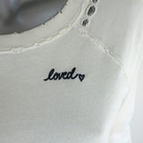 AMO Loved Sweatshirt White Distressed Cotton Size Small Crewneck Pullover - Celebrity Owned