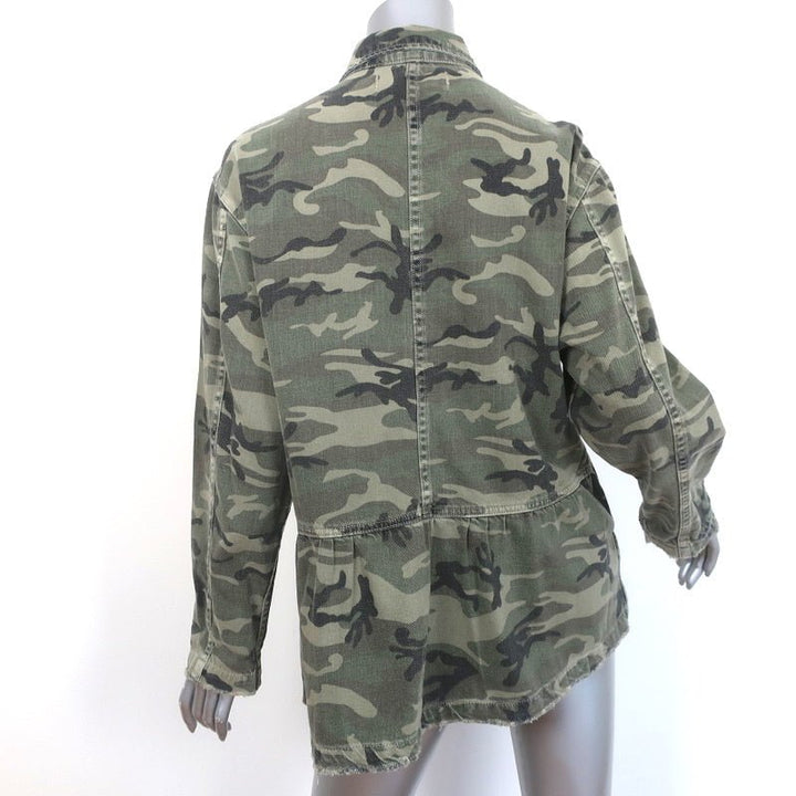 AMO Rosie Peplum Jacket Green Camo Print Denim Size Small - Celebrity Owned