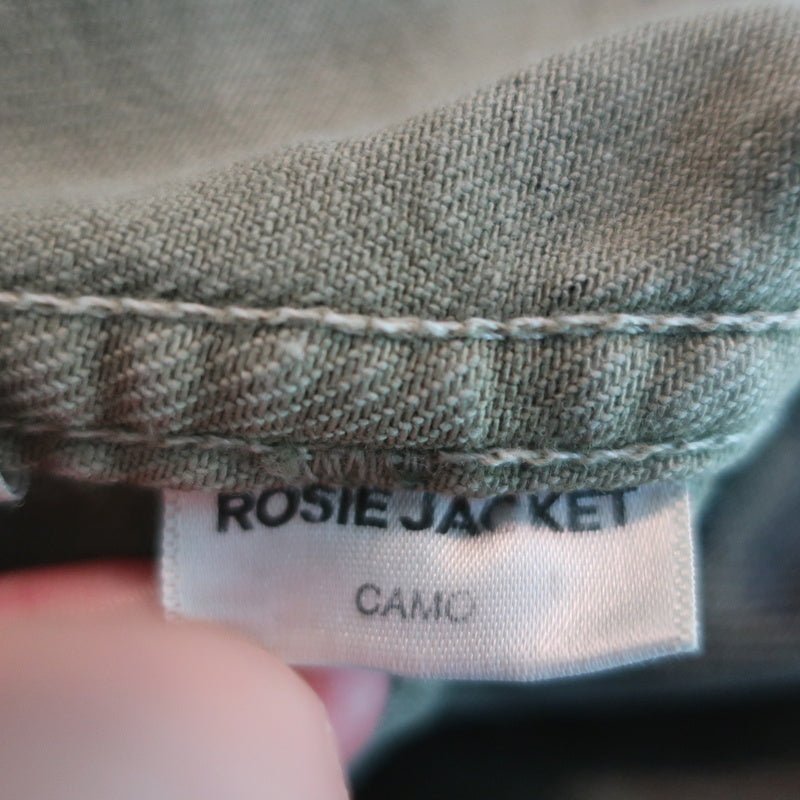 AMO Rosie Peplum Jacket Green Camo Print Denim Size Small - Celebrity Owned