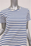 AMO Ruffle Tee Blue/Cream Striped Cotton Size Medium Short Sleeve Top - Celebrity Owned