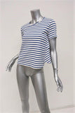 AMO Ruffle Tee Blue/Cream Striped Cotton Size Medium Short Sleeve Top - Celebrity Owned