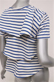 AMO Ruffle Tee Blue/Cream Striped Cotton Size Medium Short Sleeve Top - Celebrity Owned