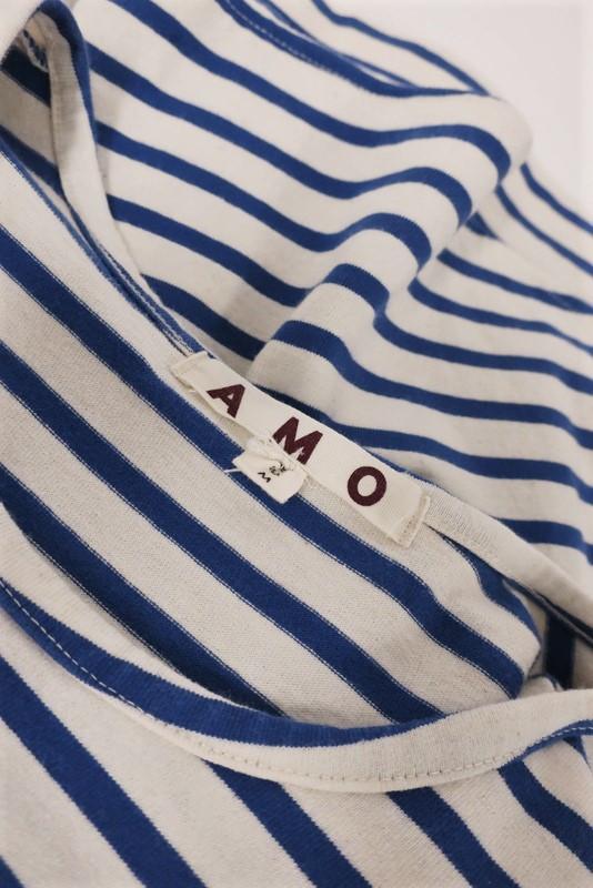 AMO Ruffle Tee Blue/Cream Striped Cotton Size Medium Short Sleeve Top - Celebrity Owned