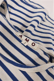 AMO Ruffle Tee Blue/Cream Striped Cotton Size Medium Short Sleeve Top - Celebrity Owned