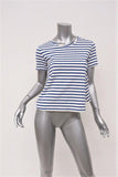 AMO Ruffle Tee Blue/Cream Striped Cotton Size Medium Short Sleeve Top - Celebrity Owned