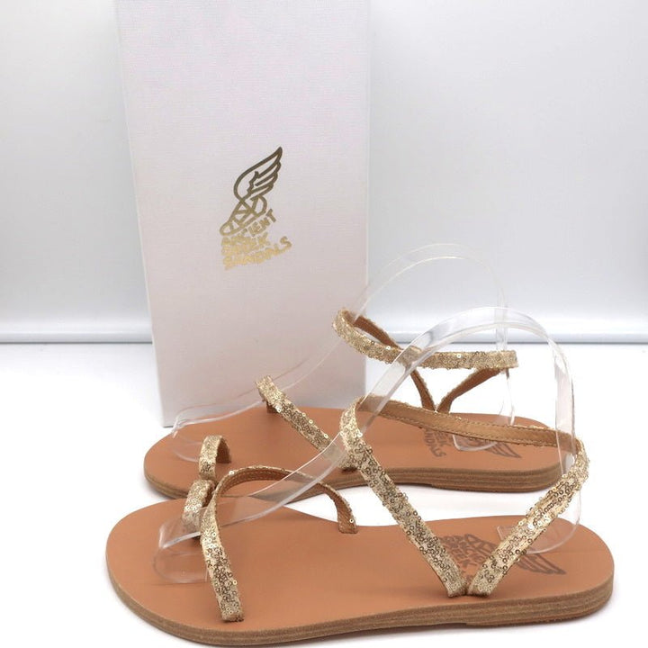 Ancient Greek Sandals Eleftheria Ankle Strap Sandals Gold Sequin Size 38 NEW - Celebrity Owned