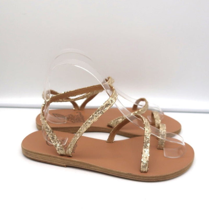Ancient Greek Sandals Eleftheria Ankle Strap Sandals Gold Sequin Size 38 NEW - Celebrity Owned