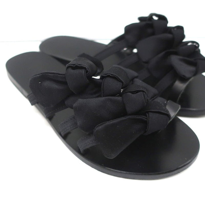 Ancient Greek Sandals Hara Bow Slide Sandals Black Satin Size 38 - Celebrity Owned