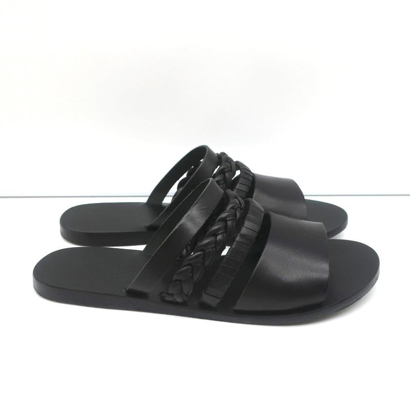 Ancient Greek Sandals Helene Slides Black Braided Leather Size 38 - Celebrity Owned