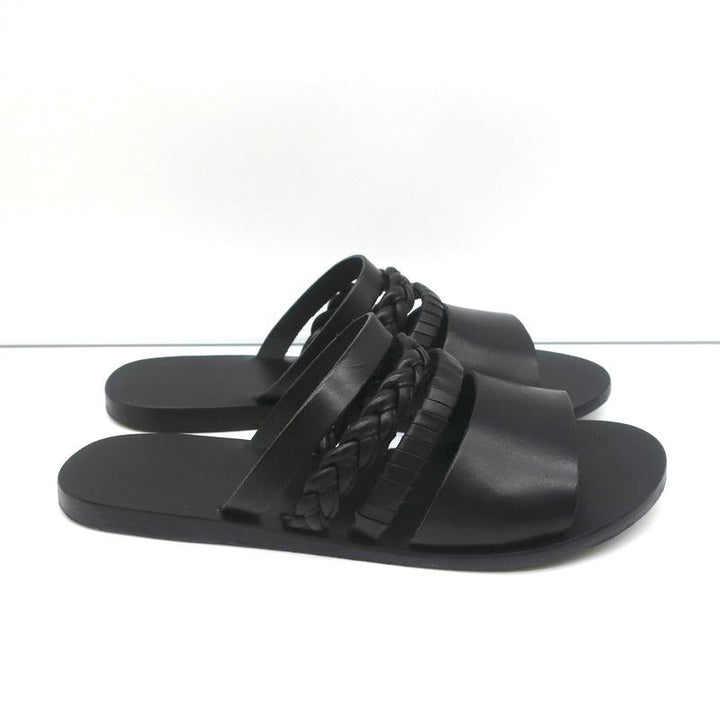 Ancient Greek Sandals Helene Slides Black Braided Leather Size 38 - Celebrity Owned