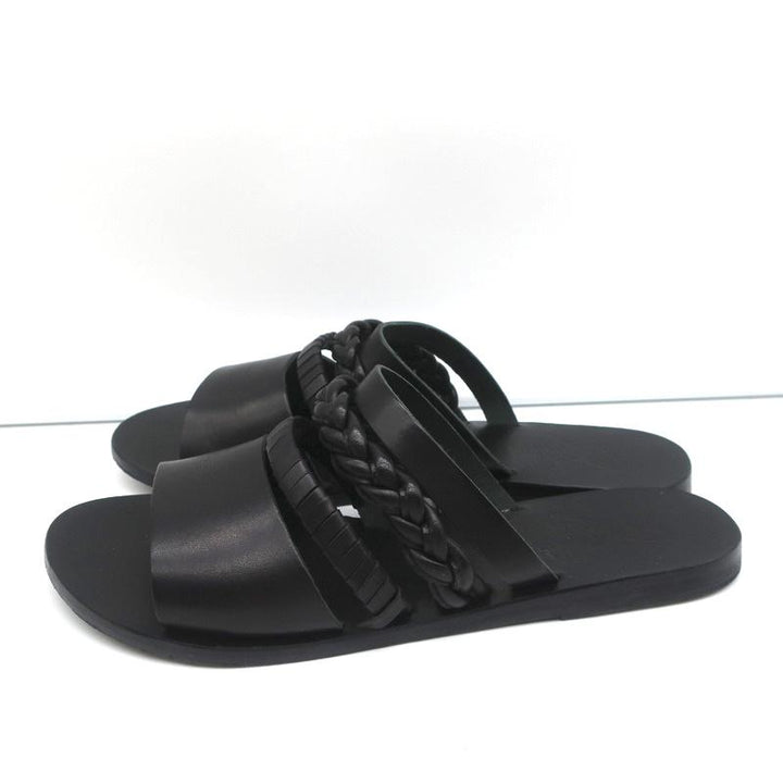 Ancient Greek Sandals Helene Slides Black Braided Leather Size 38 - Celebrity Owned