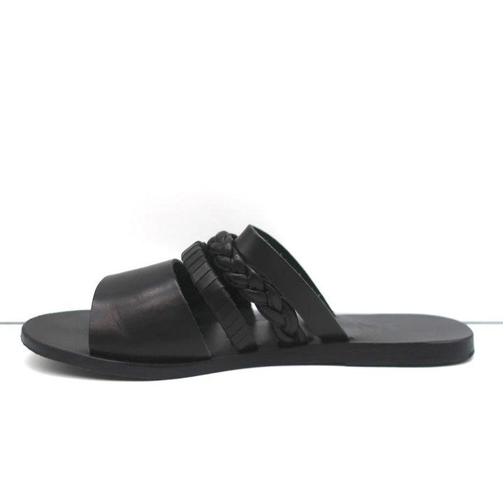 Ancient Greek Sandals Helene Slides Black Braided Leather Size 38 - Celebrity Owned
