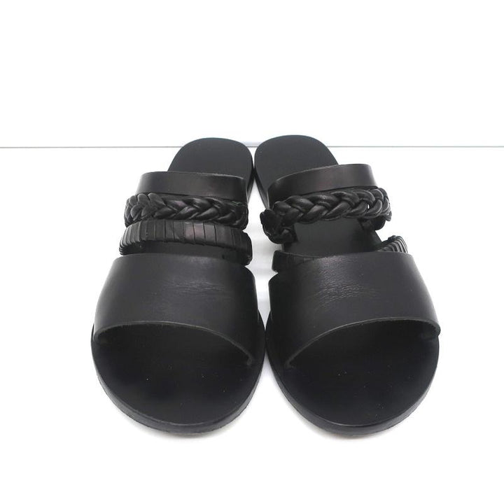 Ancient Greek Sandals Helene Slides Black Braided Leather Size 38 - Celebrity Owned