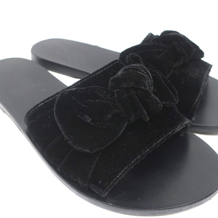 Ancient Greek Sandals Taygete Bow Slide Sandals Black Velvet Size 38 - Celebrity Owned