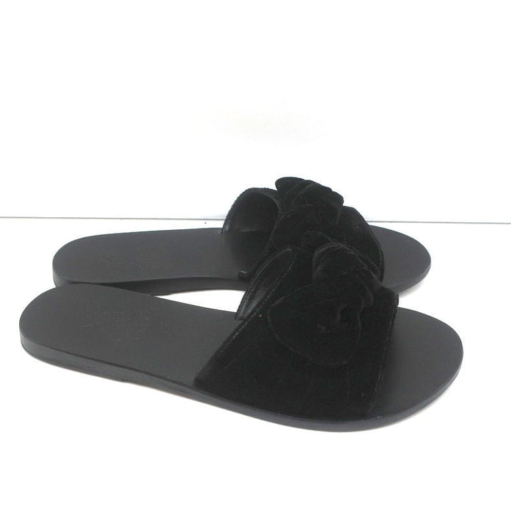 Ancient Greek Sandals Taygete Bow Slide Sandals Black Velvet Size 38 - Celebrity Owned